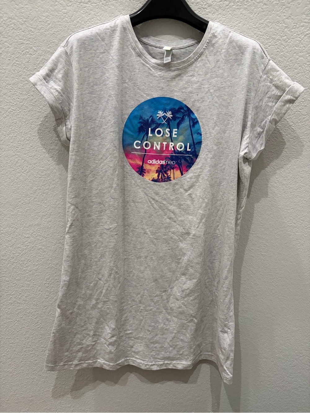 adidas neo Women’s White Tee with Blue and Pink Sunset Graphic